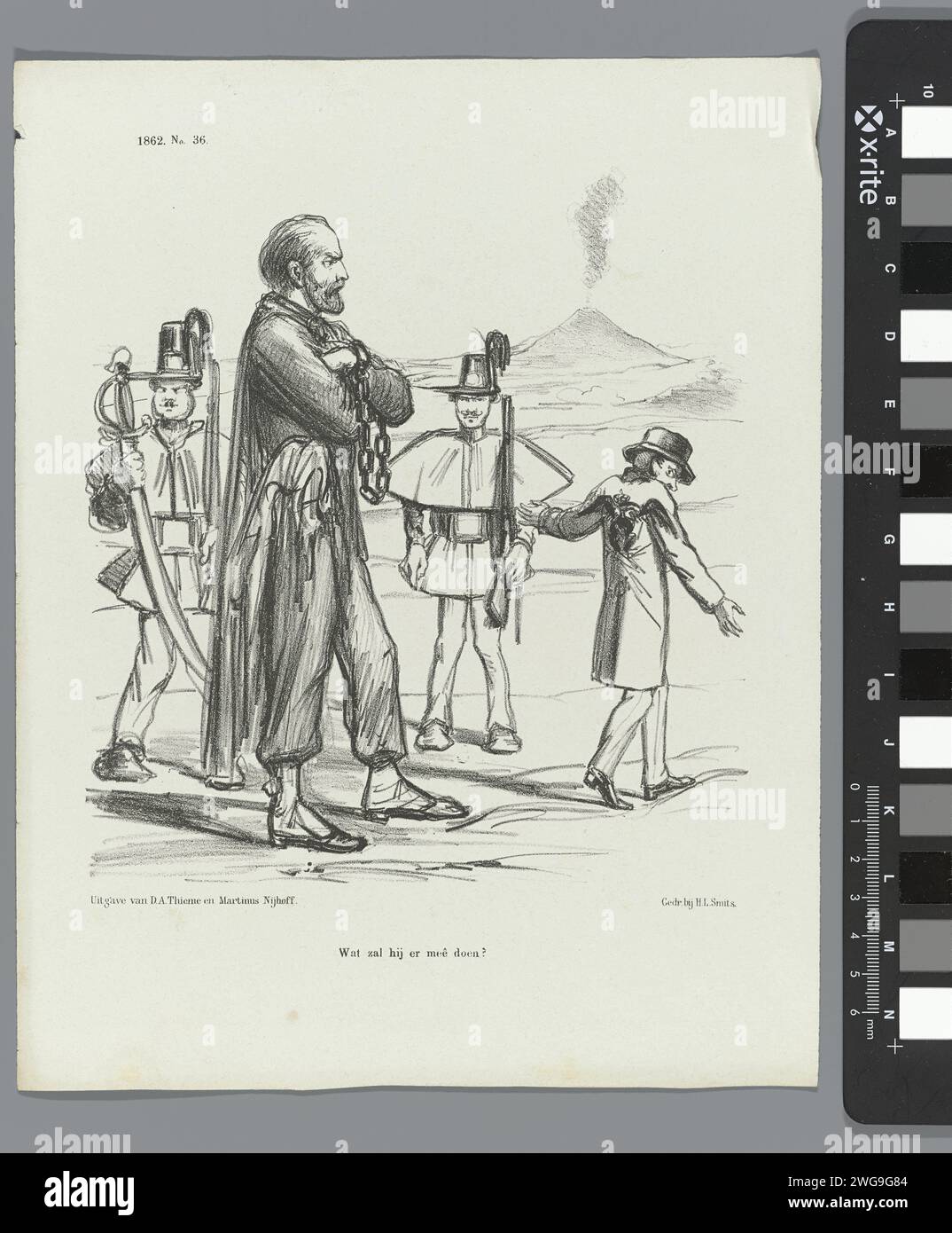 Cartoni su Garibaldi, 1862, 1862 stampa Cartoon su Garibaldi, in seguito all'unificazione italiana. Plaat è apparso al Weekblad De Nederlandsche Spectator, no 36, 6 settembre 1862. Tipografia: Netherlandsprinter: Netherlandspublisher: Arnhempublisher: The Hague paper Italy Foto Stock
