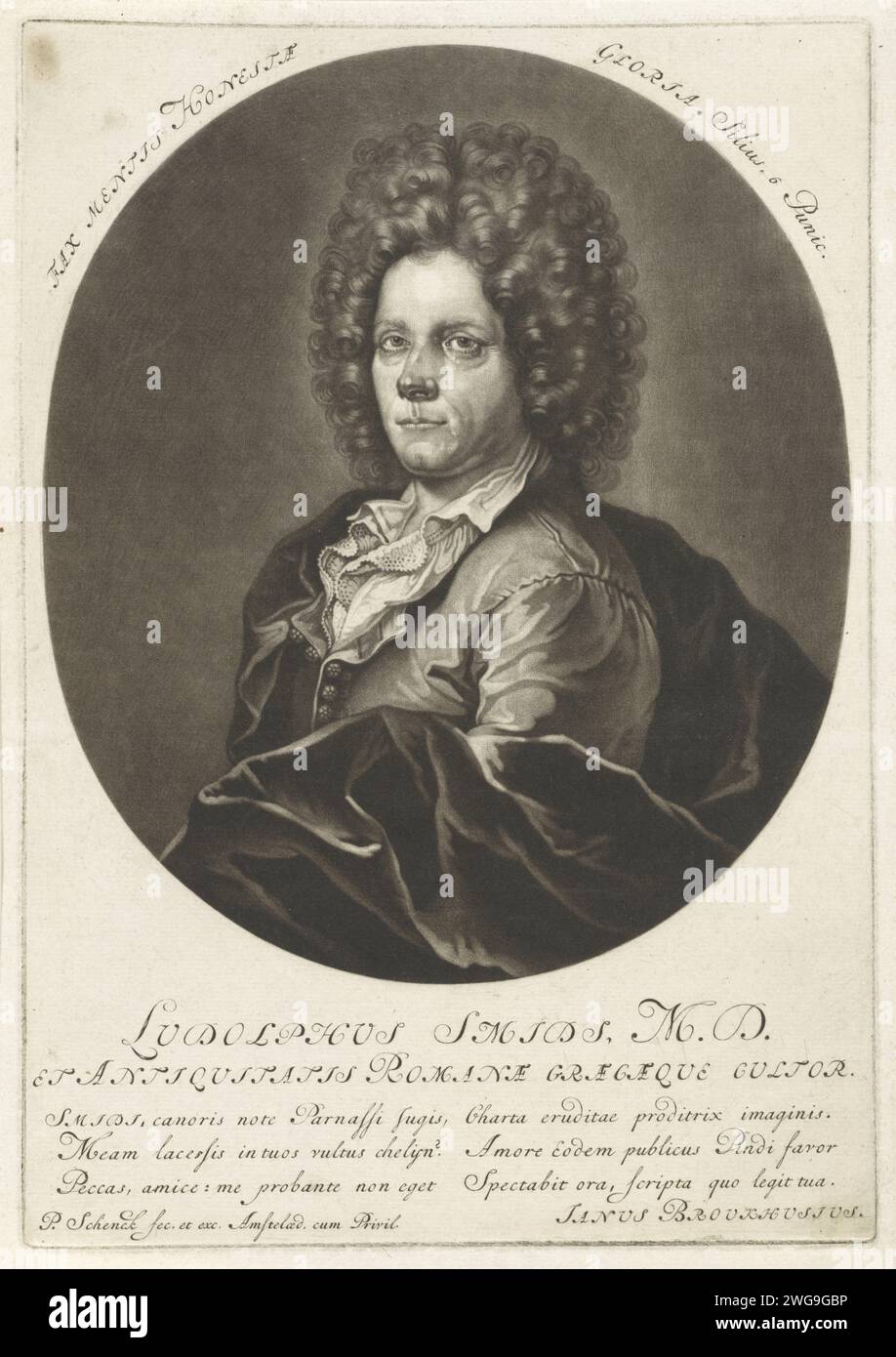 Ritratto di Ludolph Smids, Pieter Schenk (i), 1670 - 1713 stampa il poeta, archeologico e medico Ludolph Smids. Incisione su carta di Amsterdam Foto Stock