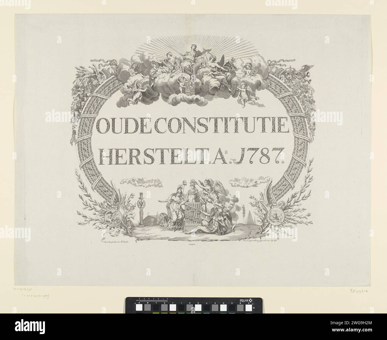 Allegoria sulla restaurazione dello stadholder, 1787, Jan Gerritsz. Visser, dopo Antoni Zürcher, 1787 stampa Allegory per la restaurazione dello Stadholder Willem V nel 1787 con l'intervento delle truppe prussiane. Iscrizione calligrafica con vignette allegoriche. In cima per il sole radioso c'è la giustizia con prudenza e pace. Corno a sinistra e a destra di abbondanza da cui scorrono frutti e ricchezze. In fondo una vignetta con la libertà e il padre tempo. La stampa include una dichiarazione. Incisione/incisione Freedom, Liberty nei Paesi Bassi del Nord; "LibertÃ" (Ripa) (+ astratto Concept REP Foto Stock