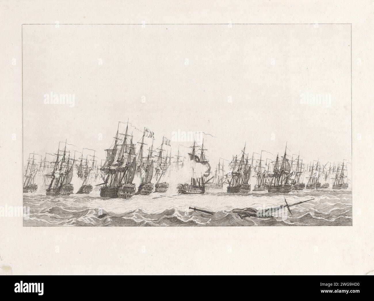 Battaglia marittima a Kamperduin (Midden), 1797, Reinier Vinkeles (i), dopo Gerrit Groenewegen, 1798 stampare la battaglia marittima a Kamperduin l'11 ottobre 1797 tra la flotta batava al comando del viceammiraglio Jan Willem de Winter e una flotta britannica al comando di Adam Duncan. Al centro della battaglia. Central Freedom (questa nave sotto l'ordine dell'Inverno) e la Hercules che taglia il suo albero a frusta in fiamme; sulla destra la flotta inglese. Amsterdam paper etching Battle (+ forza navale). Battaglia di Camperdown Foto Stock