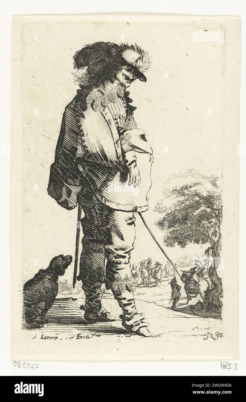 In piedi Cavalier con bastone, dietro di lui un cane, Salomon Savery, dopo Pieter Jansz Quast, 1633 - 1665 la stampa fa parte di una serie di dieci parti di stampe con esibizioni di cavalieri e donne benestanti, vestite secondo la moda olandese ca. 1625-1630. Cane per incisione/incisione di carta Amsterdam. guerra; affari militari (+ cavalleria, cavalieri). vestiti, costume (+ abiti da uomo) Foto Stock