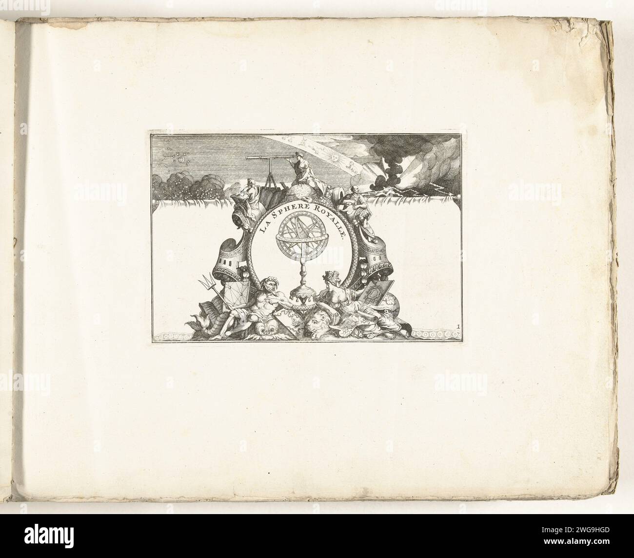 Spettacolo astronomico allegorico, ca. 1702, 1702 - 1703 stampa rappresentazione astronomica allegorica con un armillarium (Hemelbol con gradi e segni dello zodiaco), in cima a una donna con un telescopio. Targa n.. 1 nelle stampe consistenti in un totale di 276 lastre numerate di rinomate città e fortezze forti nel contesto della guerra di successione spagnola. Per la maggior parte questi documenti sono stati copiati negli anonimi documenti francesi: In Les Forces de l'Europe e in: Le Theater de la Guerre, Dans Les Pays-Bas, entrambi originariamente pubblicati da Nicolas de Fer a Parigi (1693-1697) in th Foto Stock