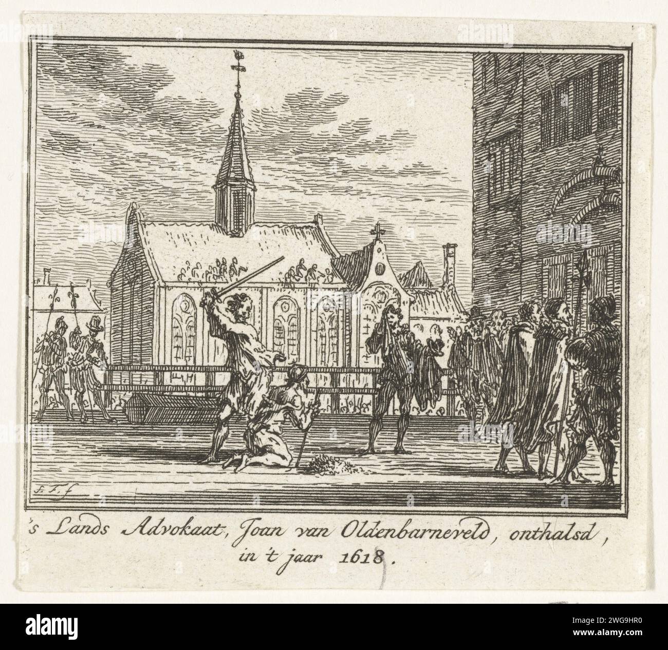 Decapitazione di Johan van Oldenbarnevelt, 1619, 1756 - 1758 stampare la decapitazione di Johan van Oldenbarnevelt sul Binnenhof a l'Aia il 13 maggio 1619. Vista del ponteggio con il boia con la spada sollevata dietro l'avvocato di campagna inginocchiato. Carta dei Paesi Bassi del Nord incisione morte violenta per decapitazione. Pena di morte, cortile dell'esecuzione Foto Stock