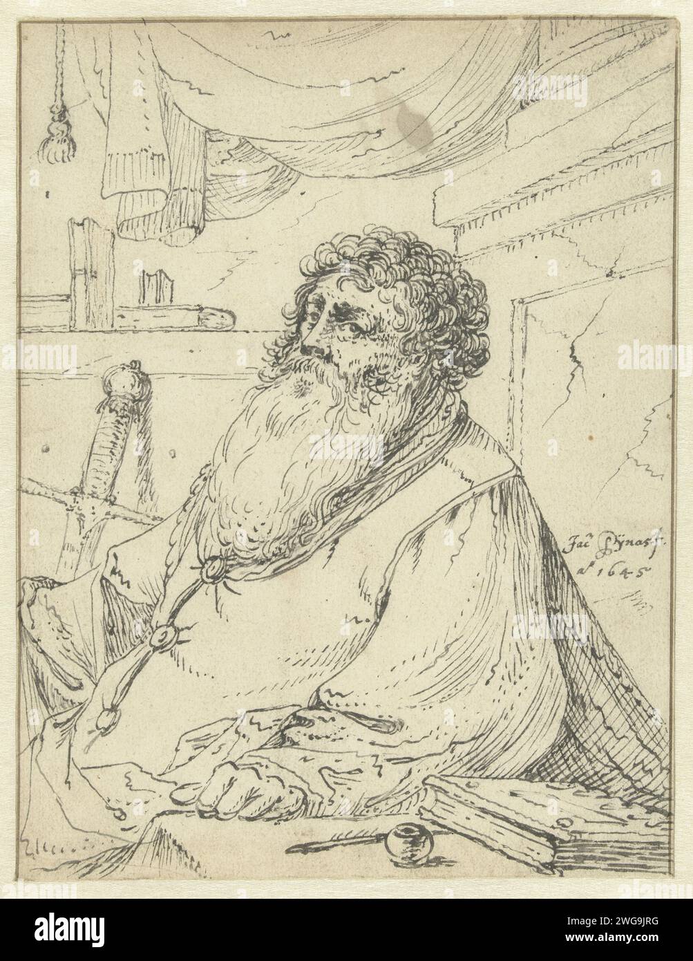 San Paolo, seduto a un tavolo, Jacob Symonsz Pynas, 1645 carta da disegno. Penna a inchiostro l'apostolo Paolo di Tarso; possibili attributi: Libro, rotolo, spada Foto Stock