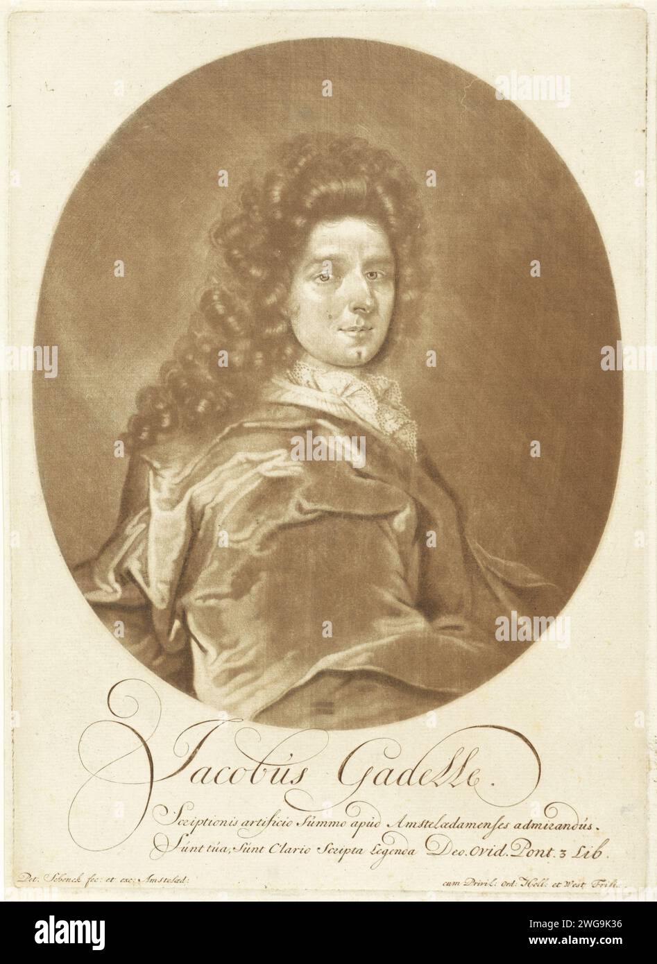 Ritratto del Calligrafo Jacob Gadelle, Pieter Schenk (i), 1670 - 1713 stampa Amsterdam paper calligraphy (+ ritratto di studioso, scienziato). parrucca Foto Stock