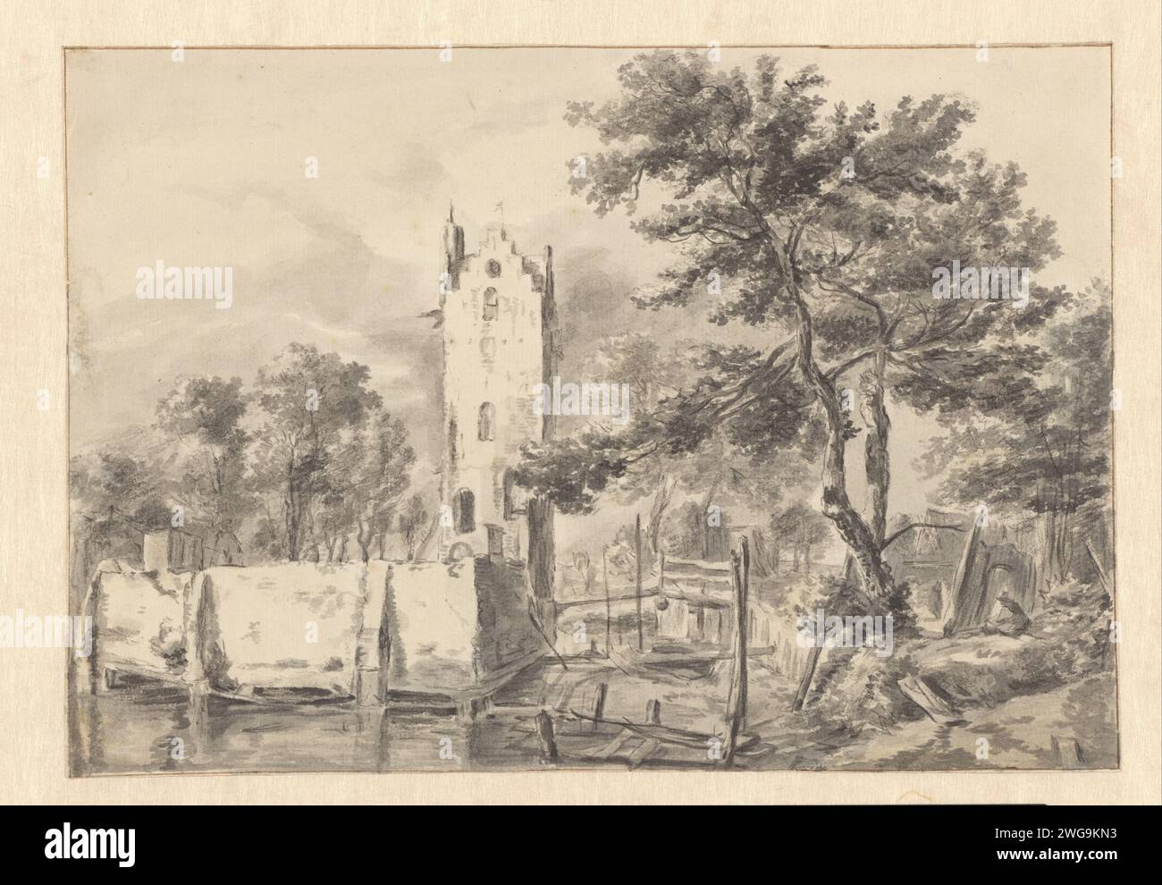 Veduta del Castello di Kostverloren sull'Amstel, Jan van Kessel, dopo Jacob Isaacksz van Ruisdael, dopo il 1658 - 1680 circa disegnando la carta di Amsterdam. castello a pennello di gesso. Rovina di un edificio  architettura Casa Kostverloren. Amstel (fiume) Foto Stock