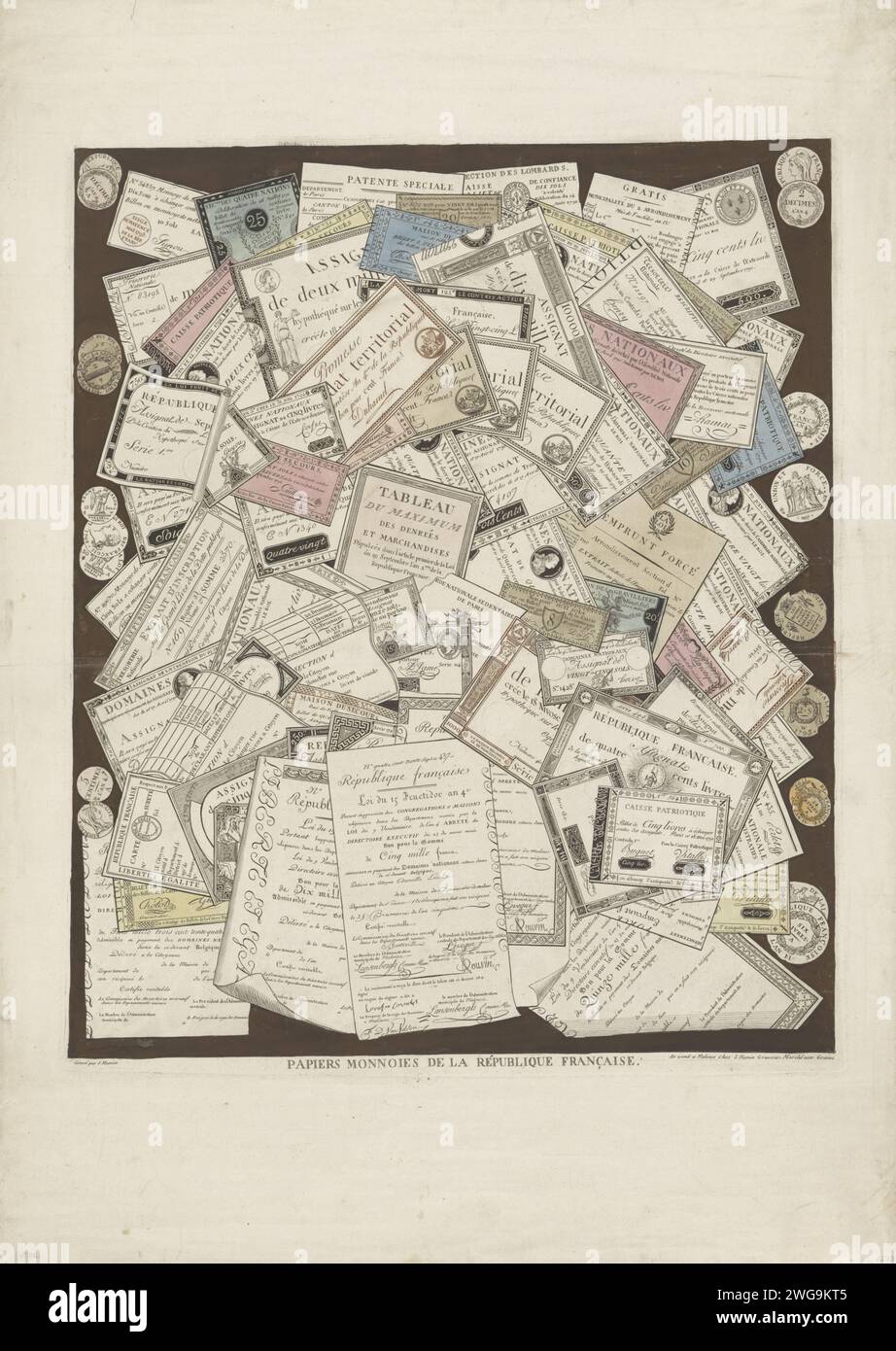 Carta moneta francese, Joseph Hunin, 1780 - 1851 stampa carta moneta francese e destra e sinistra sul lato delle monete francesi. Bancomat per incisione/incisione di carta Mechelen. moneta Foto Stock