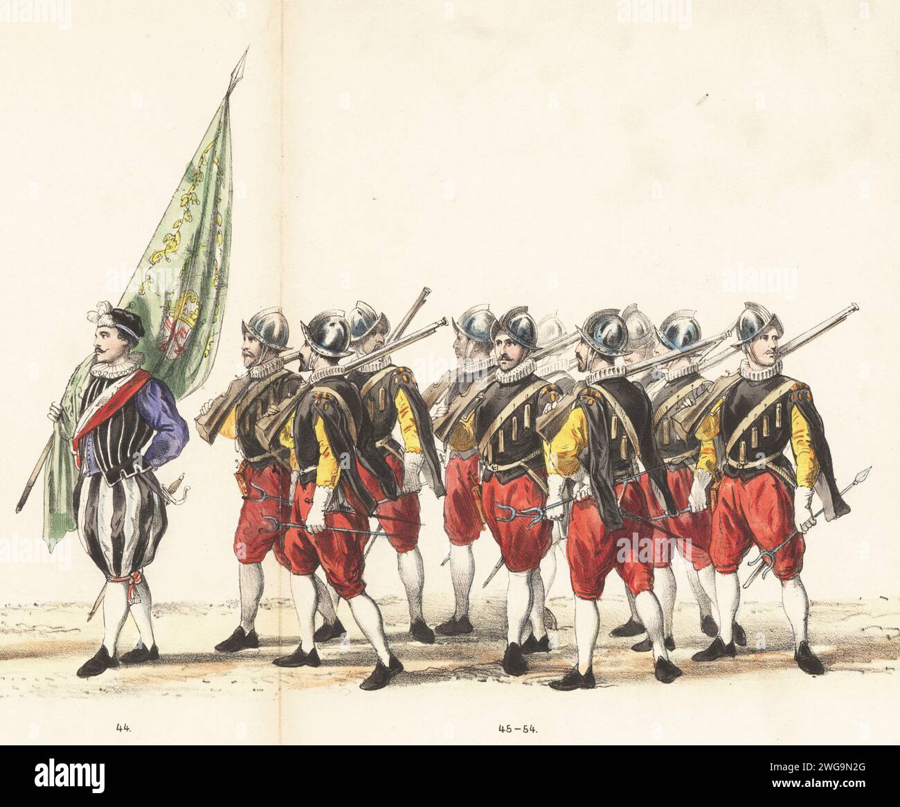 Uniformi militari di moschettieri olandesi, 1586. Insegna con 44 standard e moschettieri con arquebus Flintlock e riposo, casco, collare antiruggine, bandoliere, 45-54. Vaandrig, Schutters. Litografia colorata a mano di Pieter Willem Marius Trap dopo un'illustrazione di Gerardus Johannes Bos in Maskerade, Leiden 1870, (Masquerade by Leiden Students 1870), una rievocazione storica della visita di Robert Lord Dudley, Barone von Denbigh, Conte di Leicester, e altri all'Università di Leida nel 1586, pubblicata da Jac. Hazenberg Cornsz, Leida, 1870. Foto Stock