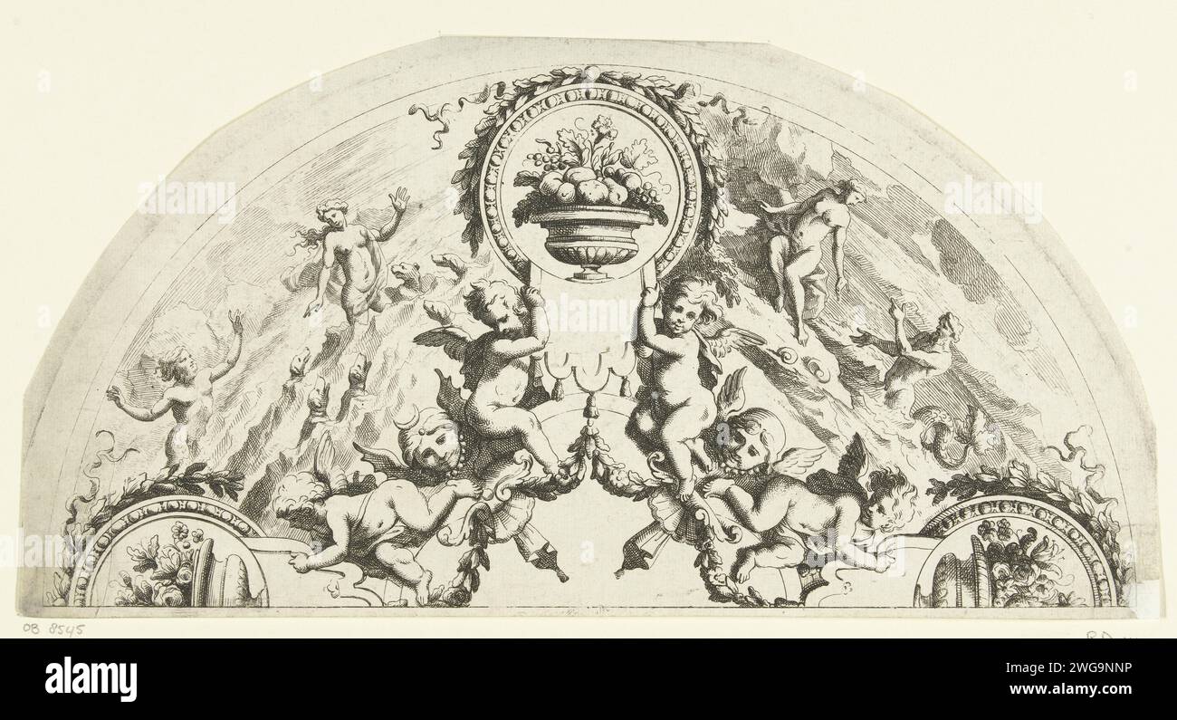 Lama a ventaglio semitonda, c. 1660 - c. 1670 stampata sulla pala a ventaglio sono tre medaglioni rotondi con una ciotola di frutta e un frisone con rappresentazioni mitologiche. In basso a destra c'è un angolo. LEAF 4 dalla serie di 6 lame. Tipografia: Francia (possibilmente)dopo il proprio disegno di: France (possibilmente)editore: Paris paper etching Foto Stock
