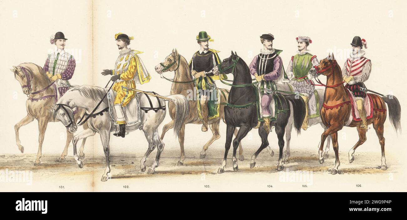 Studenti universitari di Leida a cavallo, 1586. Gothofredus Wittius 101, Carolus van Nispen 102, Franciscus van Hoogstraaten 103, Johannes Arnooldi 104, Arnoldus van Diemen 105 e Nicolaus Grotius 106. Litografia colorata a mano di Pieter Willem Marius Trap dopo un'illustrazione di Gerardus Johannes Bos in Maskerade, Leiden 1870, (Masquerade by Leiden Students 1870), una rievocazione storica della visita di Robert Lord Dudley, Barone von Denbigh, Conte di Leicester, e altri all'Università di Leida nel 1586, pubblicata da Jac. Hazenberg Cornsz, Leida, 1870. Foto Stock