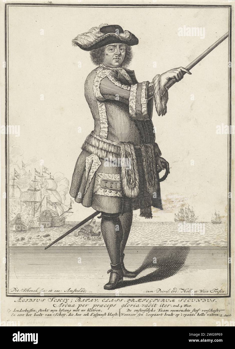 Ritratto di Gilles Schey, Pieter Schenk (i), 1675 - 1711 Ritratto di Admiraal Gilles Schey. Nella sua mano lo staff leader e una battaglia in mare sullo sfondo. Incisione/incisione su carta Amsterdam Foto Stock