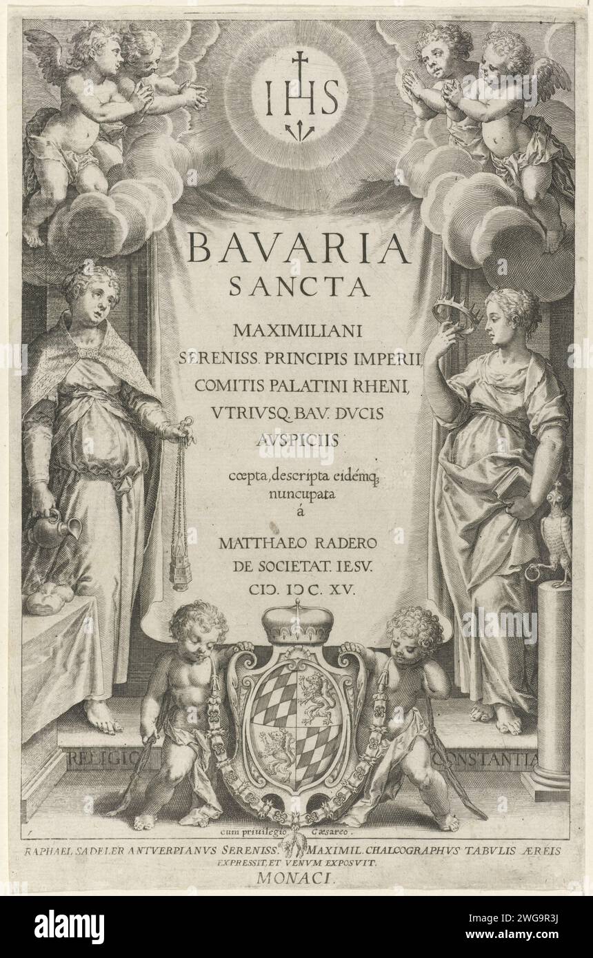 Stampa del titolo di una prima serie sui santi di Baviera con le personificazioni religione e fermezza, Raphaël Sadeler (i), dopo Johann Mathias Kager, 1615 stampa nel mezzo della stampa il titolo della serie su un obiettivo. La tela è fiancheggiata dalle personificazioni religione (sinistra, con canna di incenso) e fermezza (destra, con corona e libro). In primo piano due putti con lo stemma bavarese. Sopra il titolo il monogramma di Cristo (IHS) tra quattro angeli. La prima stampa di una serie di 60 parti sul tema dei santi di Baviera. München incisione / incisione su carta Foto Stock