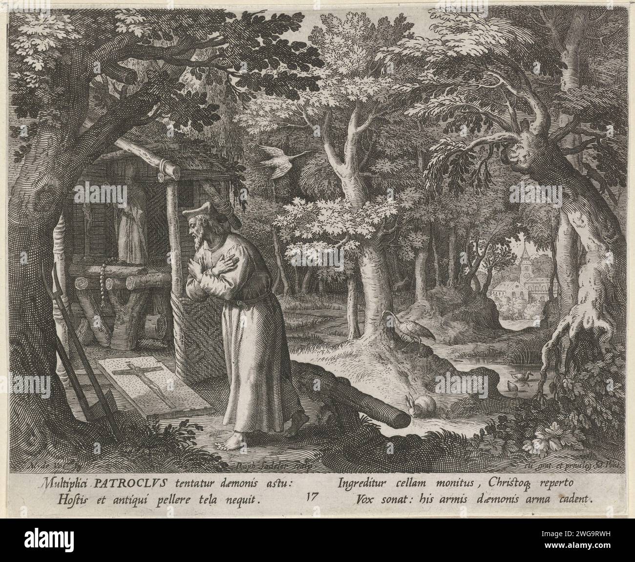 Santo Patruco di Néris come recluso, Raphaël Sadeler (i), dopo Maerten de Vos, 1598 stampa il Santo Patruco di Néris, un recluso dalla Francia, prega per una cappella dedicata a H. Martinus van Tours. Sullo sfondo una foresta con una gru. Anchorite per incisione in carta di Venezia, eremita. Santi maschili (con NOME). Martin, vescovo di Tours; possibili attributi: Mendicante, oca. chiesa (esterno) - QQ - piccola chiesa, cappella. foresta, legno. uccelli da spiaggia e uccelli da guado Foto Stock