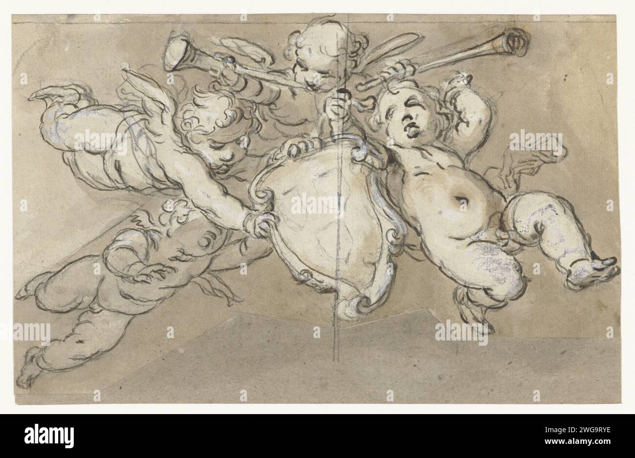 Putti con lo stemma di Lucas Gilde, Abraham Bloemaert, 1574 - 1651 carta da disegno. vernice (rivestimento). inchiostro. Penna a gesso/pennello stemma della Gilda di San Luca. cupidi: 'amores', 'amoretti', 'putti' Foto Stock