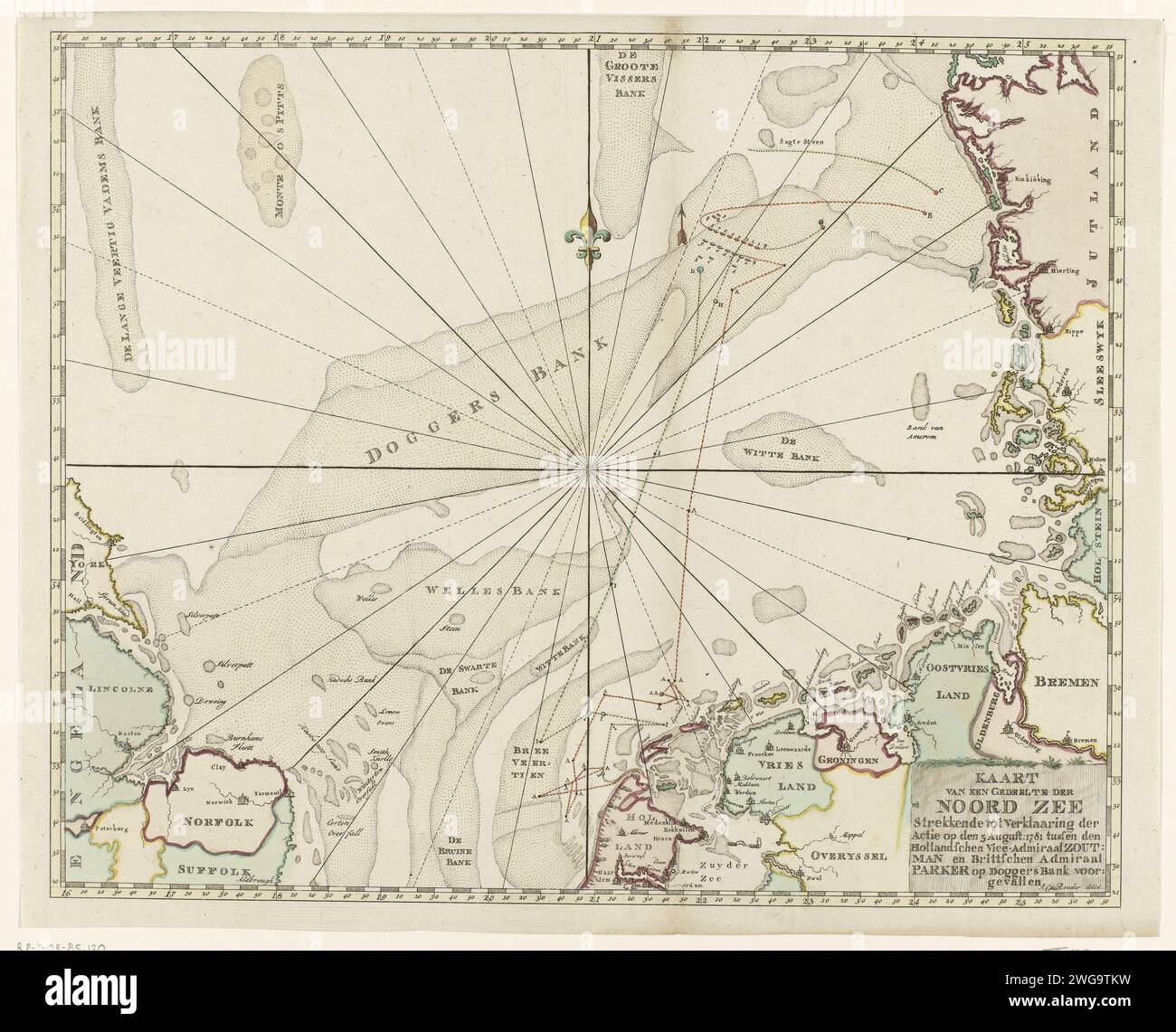 Mappa del Mare del Nord con la battaglia marittima a Doggersbank, 1781, Anonimo, dopo Johann Christoph de Roeder, 1781 - 1783 carte del Mare del Nord con la battaglia marittima presso Doggersbank il 5 agosto 1781 tra la flotta olandese al comando di Schout-bij-Nacht Johan Zoutman e la flotta inglese al comando del viceammiraglio Hyde Parker. Battaglia di incisione della carta dei Paesi Bassi del Nord (+ forza navale). Carte marine Mare del Nord Foto Stock
