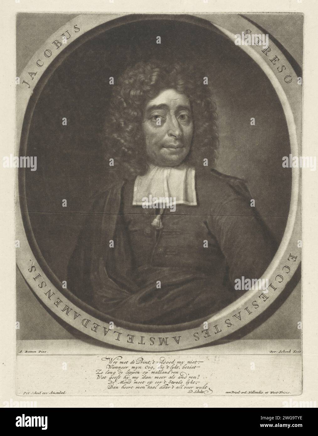 Ritratto di Jacobus Streso, Pieter Schenk (i), dopo Arnold Boonen, 1670 - 1713 stampa Jacobus Streso, pastore ad Amsterdam, tra gli altri. Parrucca per incisione in carta Amsterdam Foto Stock