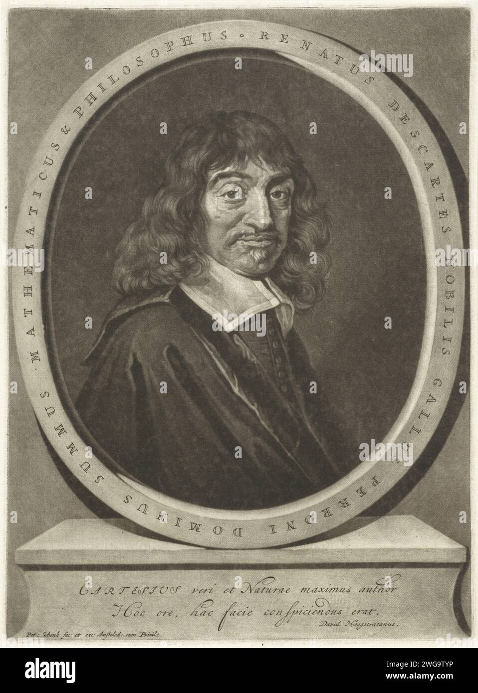 Ritratto di René Cartesio, Pieter Schenk (i), dopo Frans Hals, 1670 - 1713 stampa René Cartesio, filosofo e matematico francese. Incisione su carta di Amsterdam Foto Stock