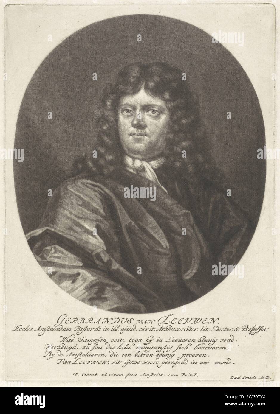 Ritratto di Gerbrand van Leeuwen, Pieter Schenk (i), 1670 - 1713 stampa il pastore e professore Gerbrand van Leeuwen. Incisione su carta di Amsterdam Foto Stock