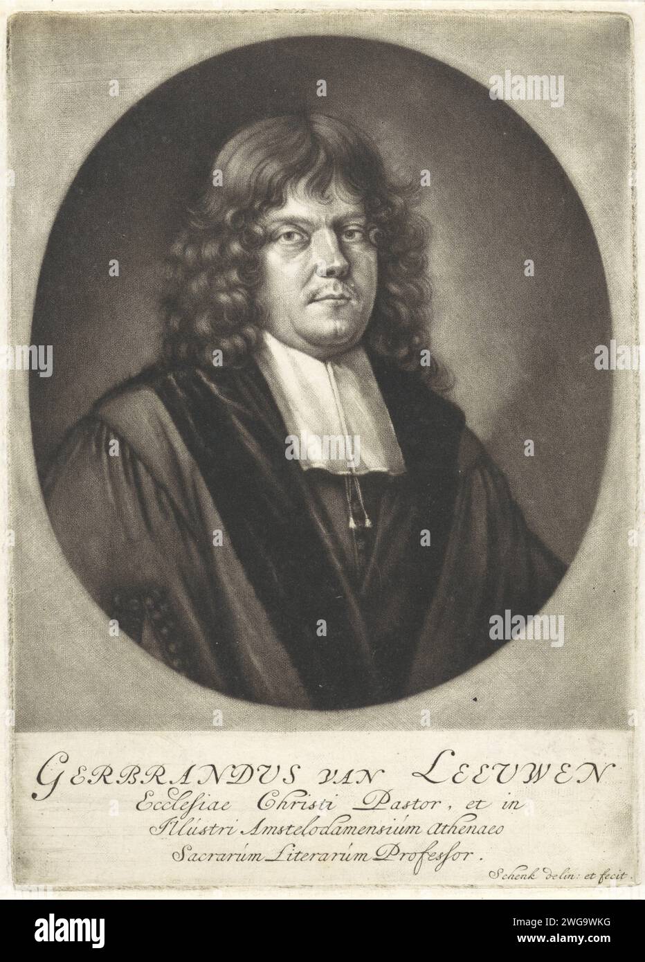 Ritratto di Gerbrand van Leeuwen, Pieter Schenk (i), 1670 - 1713 stampa il pastore e professore Gerbrand van Leeuwen. Incisione su carta di Amsterdam Foto Stock