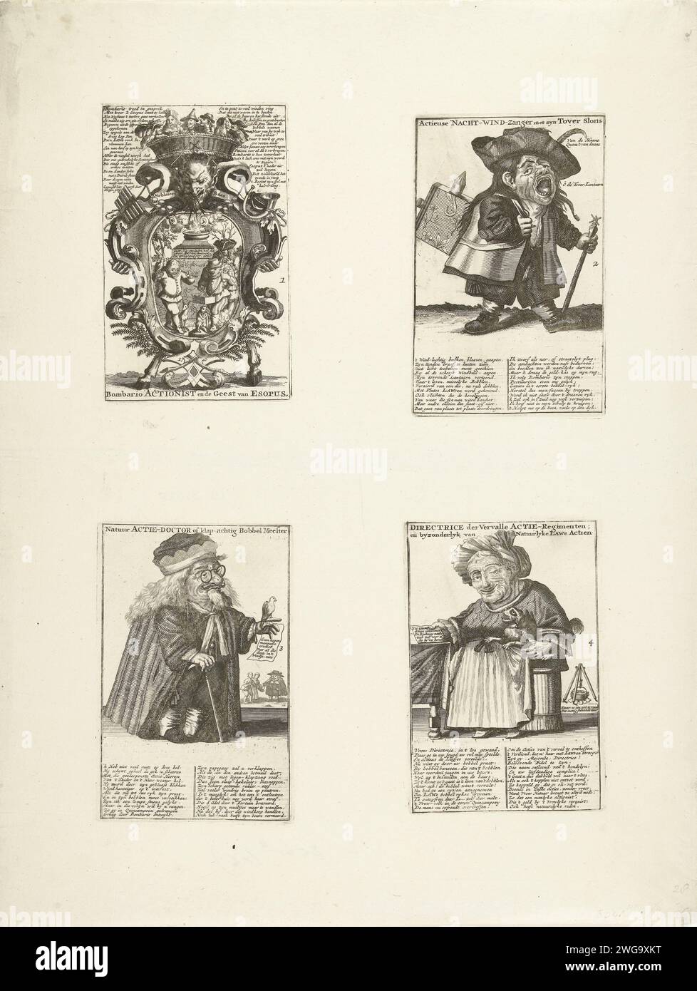 Foglia con caricature di nani nel commercio del vento, 1720, 1720 stampa Foglia con caricature di nani nel commercio del vento. Quattro lastre separate numerate 1-4 su una foglia stampata. Piatto 1: Emblema con bombario in una cornice con le gambe del diavolo e della capra, coronato da un cesto pieno di sciocchi. Piatto 2: Un nano come guardiano notturno con una lanterna magica sulla schiena. Tavola 3: Un nano come medico con un uccello sulla mano. Piatto 4: Un nano come una vecchia con un cane sul braccio. I fogli 2-4 hanno una didascalia in due colonne. Stampa il 26 della serie The Great Scene of Foolishness con cartoni animati sul Windhandel o AC Foto Stock