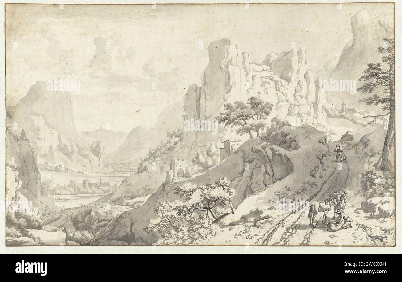 Paesaggio montano con viaggiatori su una strada, Jan van Aken, c. 1652 disegnando Amsterdam (forse) carta. inchiostro. pennarello per gesso / pennello (+ paesaggio con figure, personale) Foto Stock