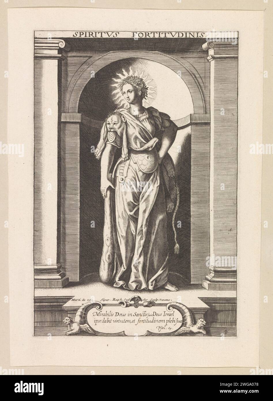 Given in Power, Raphaël Sadeler (i), dopo Maerten de Vos, 1598 - 1604 stampa in una nicchia la personificazione femminile del dono del potere, uno dei sette doni dello Spirito Santo. Indossa una corona di foglie ed è vestita con un foglio di leone. Ha un club nella mano destra. Un sole radioso intorno alla sua testa. Incisione di carta veneziana "Fortitudo", Fortitude  uno dei sette doni dello Spirito Santo Foto Stock