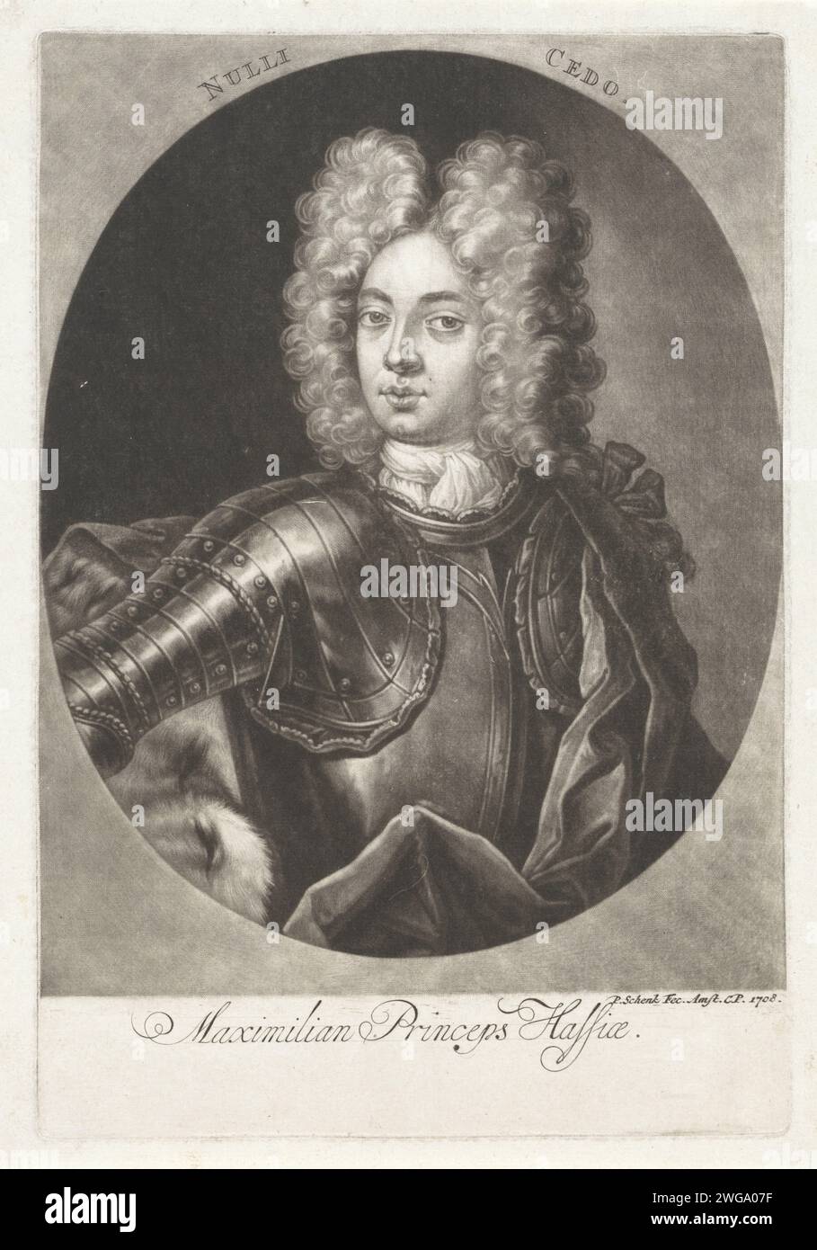 Ritratto di Maximilian van Hessen-Kassel, Pieter Schenk (i), 1708 stampa Amsterdam carta incisione parrucca. armatura Foto Stock