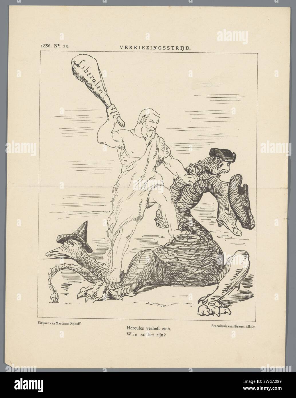 Cartone animato con l'Unione liberale come Ercole che batte i partiti ecclesiastici come l'Hydra, 1886, 1886 stampa Cartoon con l'unione liberale come Ercole che l'Hydra (i partiti ecclesiastici) batte. Plaat è apparso al Weekblad De Nederlandsche Spectator, no 23, 1886. Tipografia: Netherlandsprinter: The Haguepublisher: The Hague paper (2) The Hydra of Lerna viene ucciso da Hercules Foto Stock