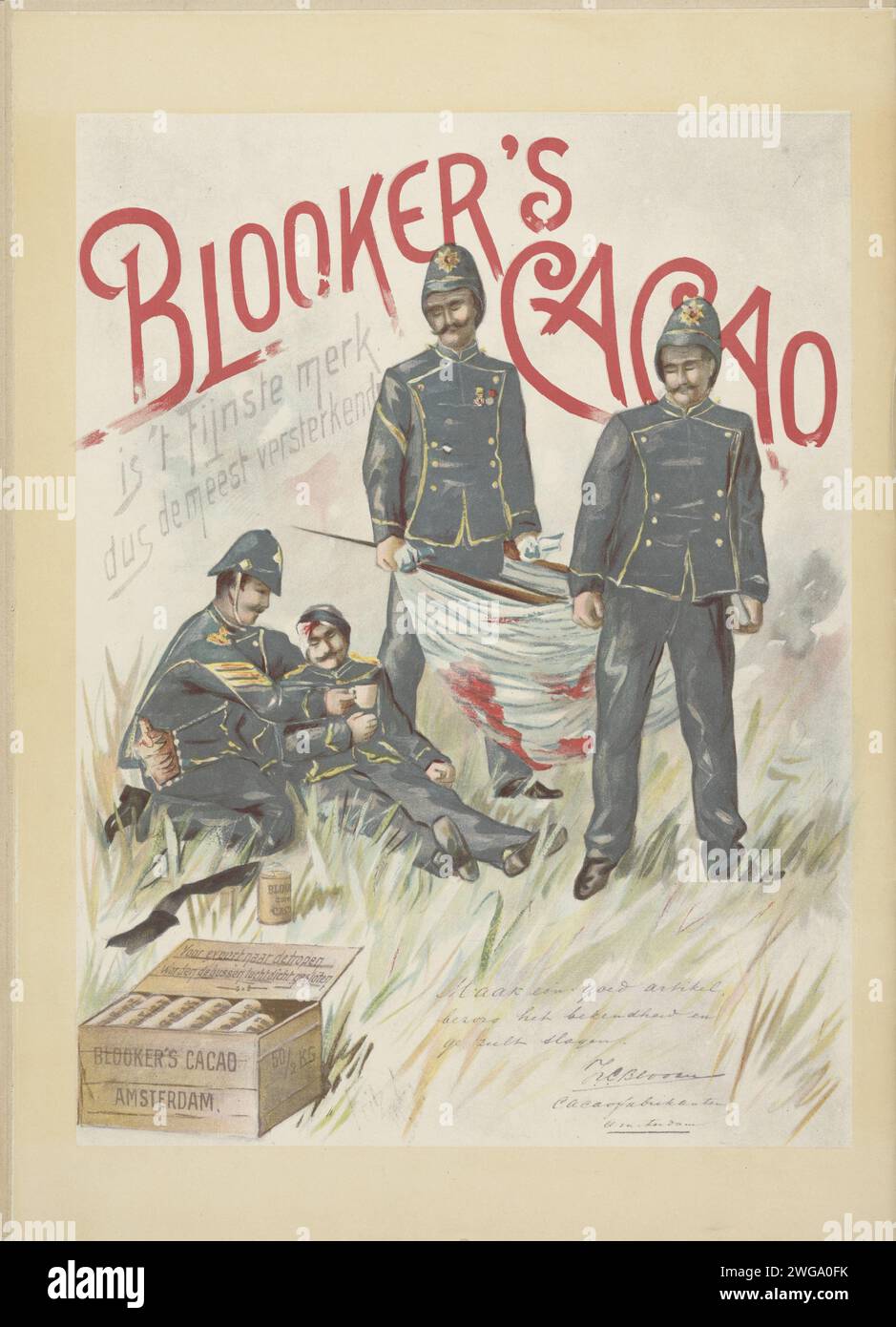 Nederland-Lombok, stampa del 1894. Pubblicità su rivista per il cacao di Blooker. Un soldato olandese ferito prende una tazza di latte al cioccolato. Retro della copertina di una rivista pubblicata in memoria della spedizione Lombok dell'agosto 1894 e dei soldati caduti. Copertina di una rivista composta da dodici riviste con testi e illustrazioni, con una prefazione del vice-ammiraglio Jhr. Il Casembroot. Tipografia: Netherlandsprinter: Netherlandspublisher: Rotterdam cartaceo  battaglia. pubblicità, avviso. cioccolato, cacao (+ assunzione (particolare) di alimenti: mangiare, bere, fumare, masticare, ecc.) Lombok Foto Stock