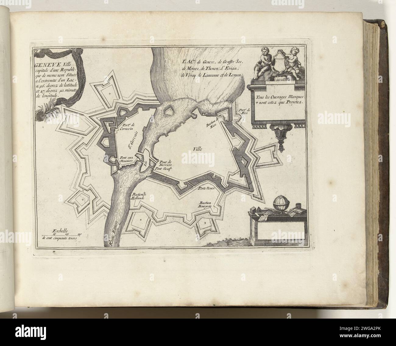 Mappa di Ginevra, 1693, 1693 Stampa Mappa dei rinforzi intorno allo Swiss Stad Ginevra. Parte della seconda parte (1693) dell'opera stampata in cui le otto parti di Les Forces de l'Europe sono pubblicate tra il 1693 e il 1697. L'opera stampata consiste di 175 tavole con i piani (da Sébastien le Prestre, Seigneur de Vauban) di famose città e fortezze forti durante la guerra dei nove anni. Titolo e iscrizioni in francese. Tipografia: Francepublisher: Parigi cartaceo che incide le mappe delle città. Fortezza di Ginevra Foto Stock