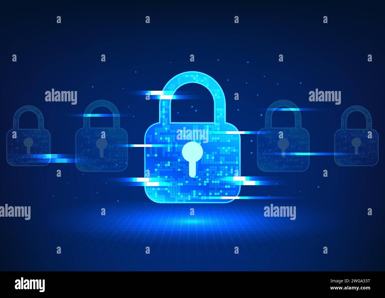 Background tecnologico sulla sicurezza informatica si tratta di una tecnologia software scritta per proteggere da furti informatici e attacchi di dati. La serratura è ar Illustrazione Vettoriale