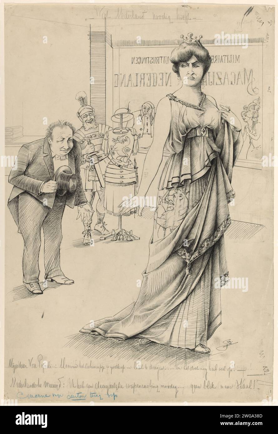 Cartone animato su armatura olandese, CA. 1920-1930, 1920 - 1930 disegno disegno disegno disegno per un cartone animato politico, CA. 1920-1930. La Vergine olandese in un negozio dove viene mostrata la sua nuova ridicola attrezzatura militare. Lei rifiuta questo con un gesto negativo e con le parole 'ho bisogno di un'armatura sana ... nessun aspetto se non acciaio!". Con più iscrizioni a matita. Carta dei Paesi Bassi. personalizzazione della penna a matita di paesi, nazioni, stati, distretti, ecc. negozio, negozio. uniformi (militari). sarto, sarto Foto Stock