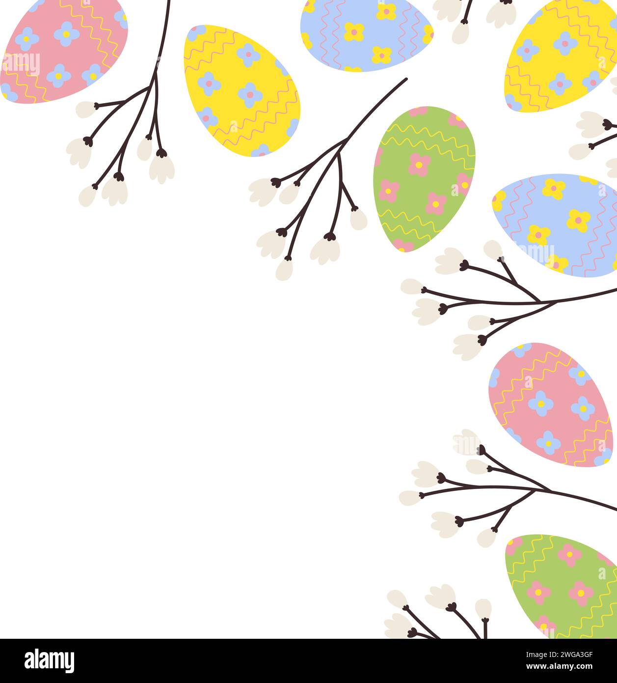 Vivace cornice angolare con uova di Pasqua e ramoscelli in fiore primaverile. Copia spazio. Auguri di Pasqua. Isolare. EPS. Concetto di design vettoriale per schede, banner, poster o Web, promozione, pubblicità o prezzo Illustrazione Vettoriale