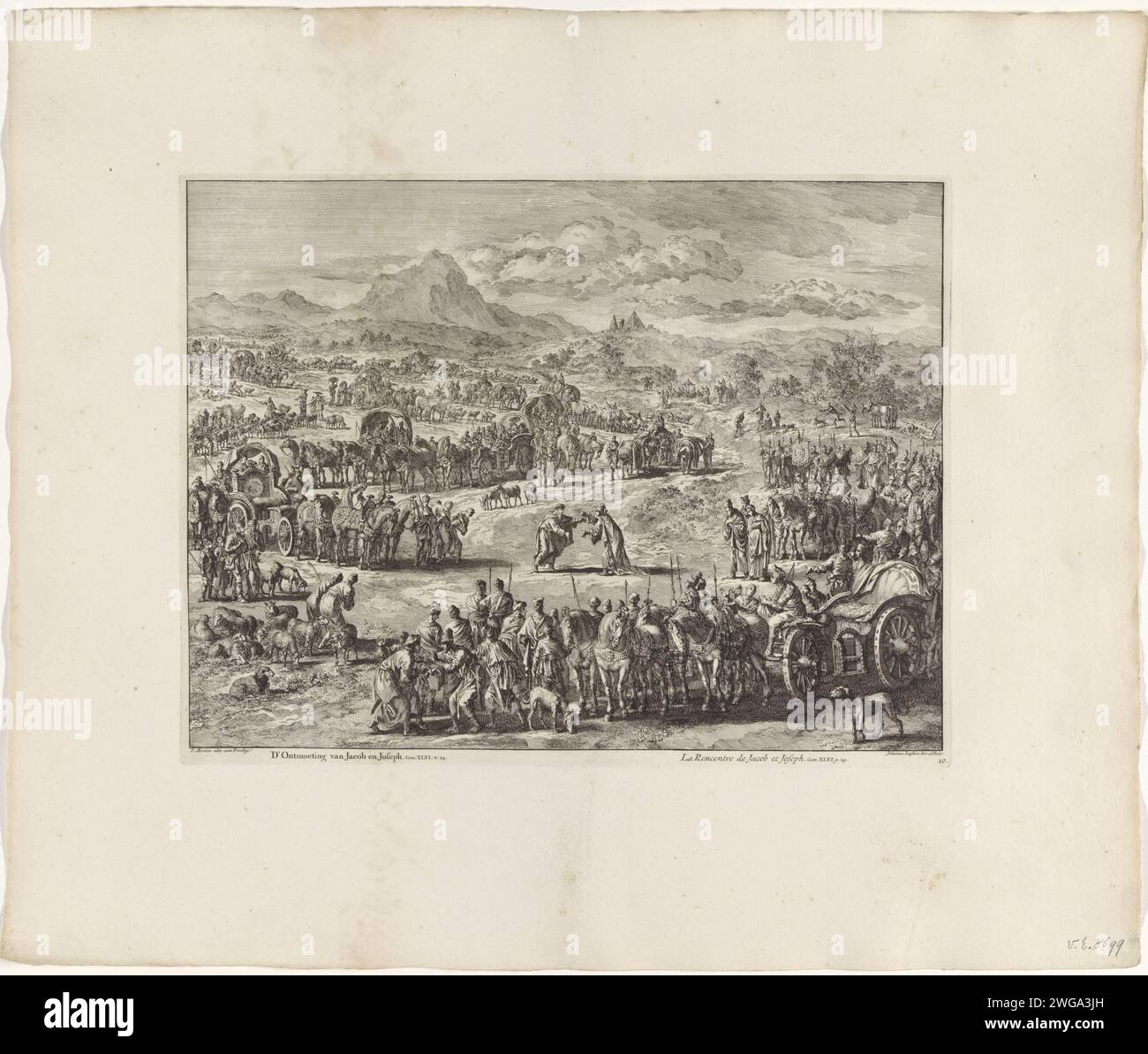 Incontro di Jakob e Jozef, Jan Luyken, stampa del 1708 che vede Joseph e suo padre Jakob di nuovo. Il documento di Amsterdam incide sull'incontro di Jacob e Joseph a Goshen Foto Stock