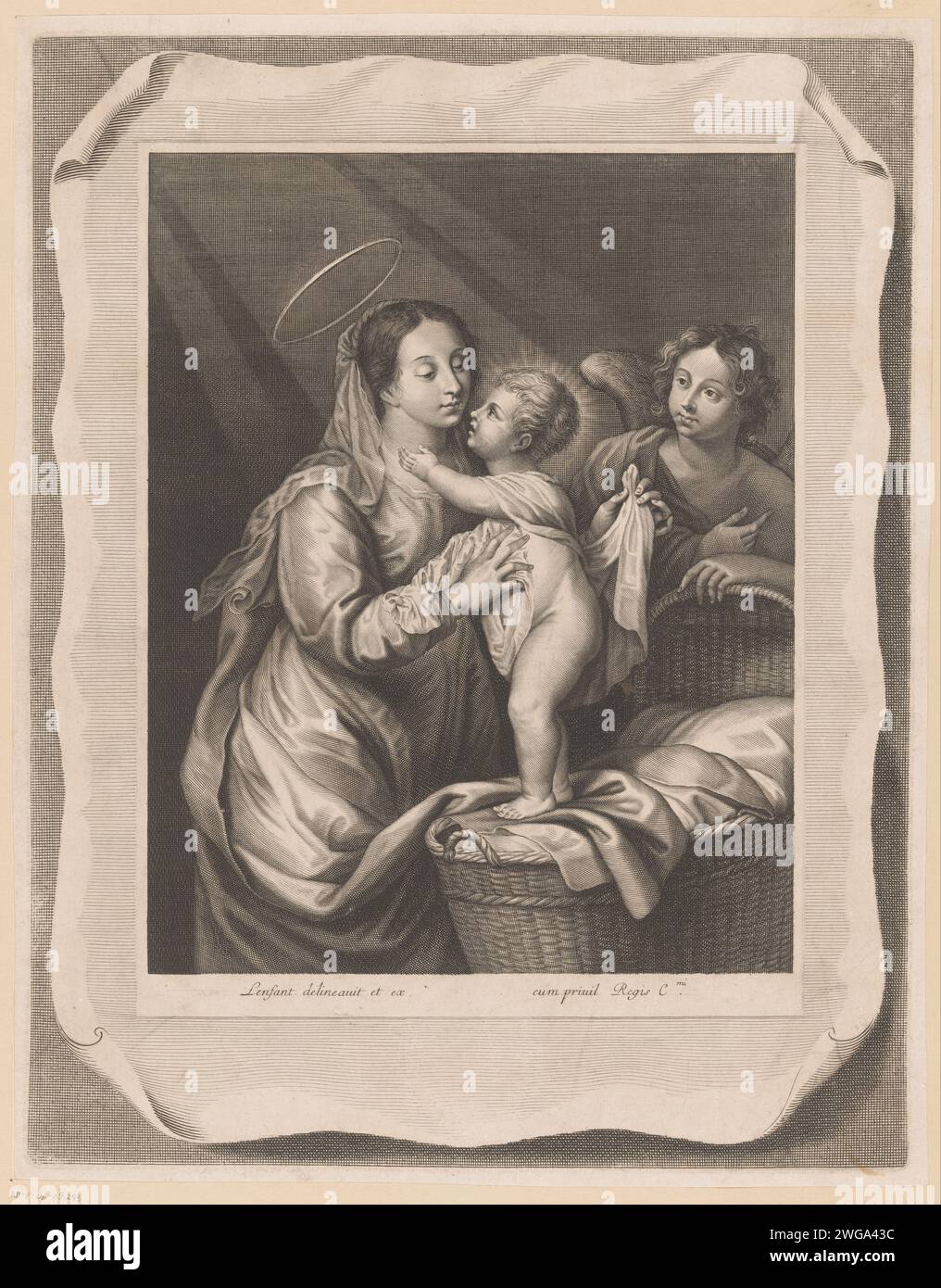Maria mette Kind in Engel, Jean Lenfant, 1625 - 1674 stampa France paper Engraving Madonna: Cioè Maria con il Cristo bambino (+ angelo(i)). culla, culla Foto Stock