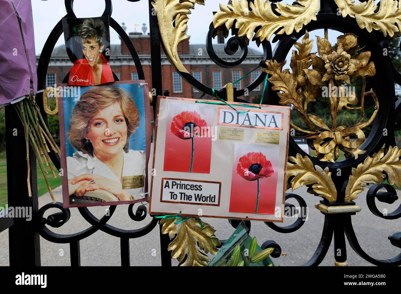 Foto in memoria della Principessa Diana, porta d'ingresso, Kensington Palace, Londra, Inghilterra, gran Bretagna Foto Stock