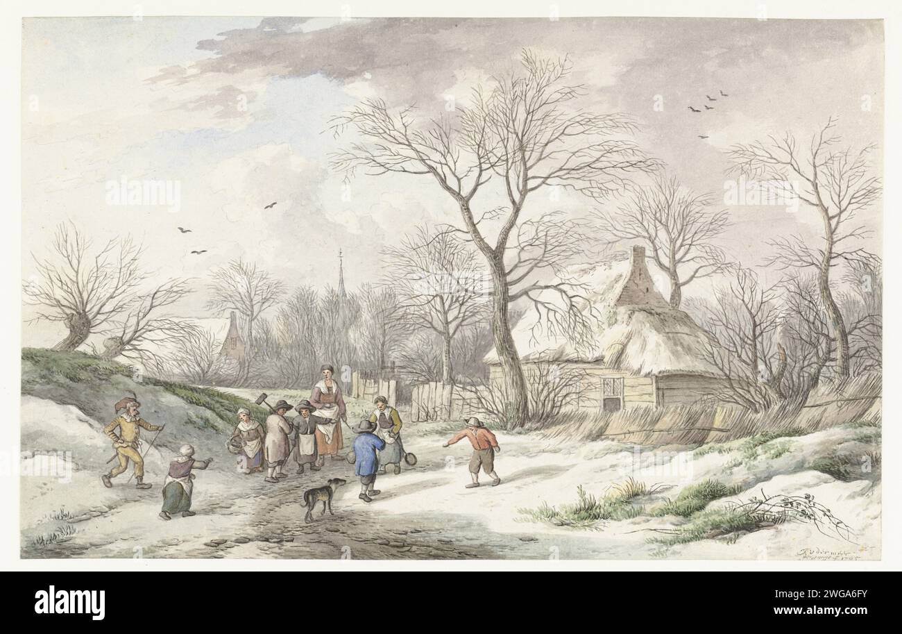 Inverno: Assemblaggio per il martedì grasso, Jan van der Meer (II), 1705 disegno della carta di Haarlem. acquerello (vernice). penna a inchiostro/pennello bambino. prospettiva del villaggio, sagoma del villaggio Foto Stock