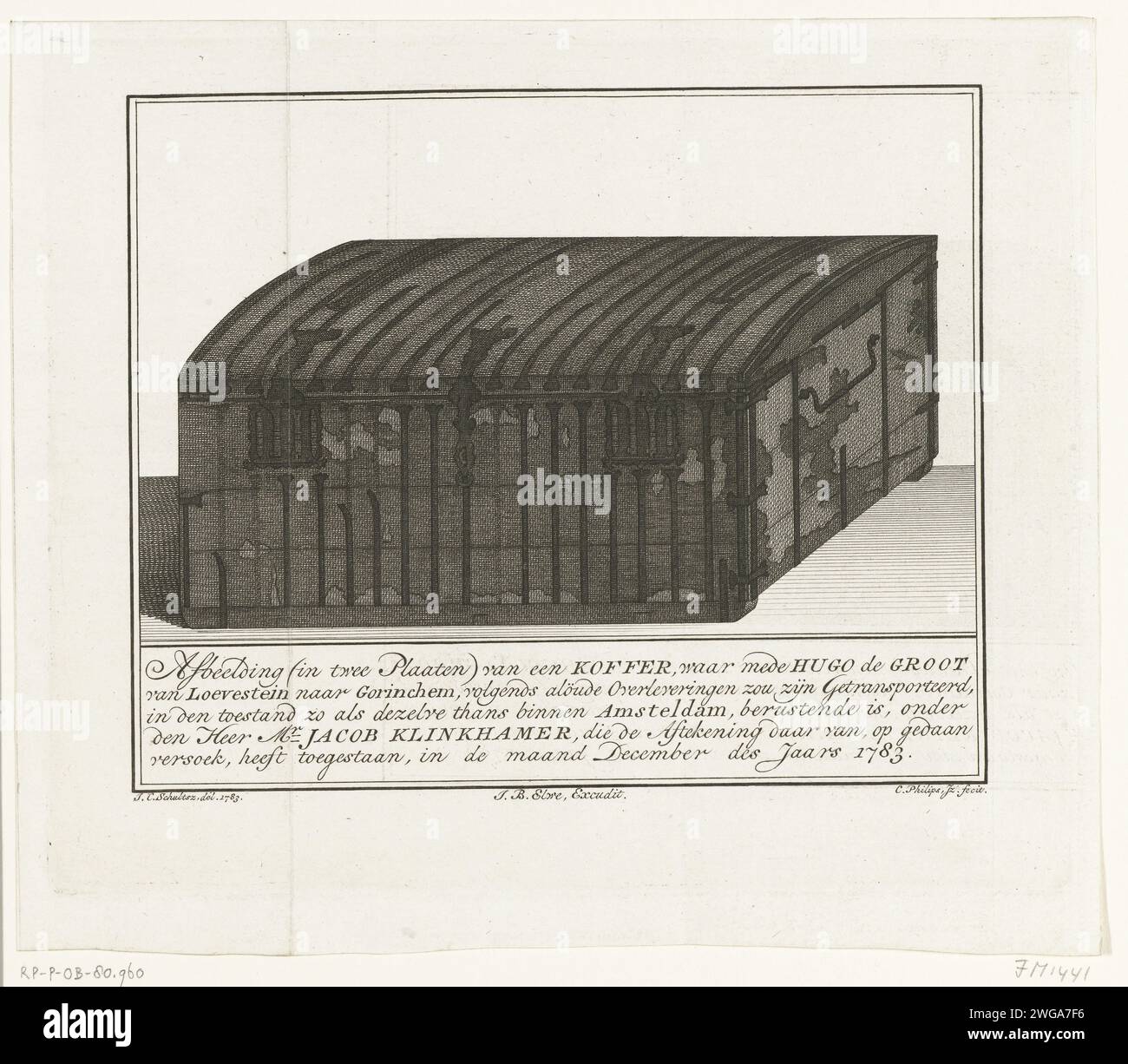 La scatola del libro in cui Hugo de Groot fuggì da Loevestein nel 1621, 1783, 1783 - 1785 stampò la scatola del libro in cui Hugo de Groot fuggì da Loevestein slot il 22 marzo 1621. Immagine della scatola con coperchio chiuso, nel 1783 in possesso di Jacob Klinkhamer ad Amsterdam. Tronco per incisione carta olandese, astuccio Foto Stock
