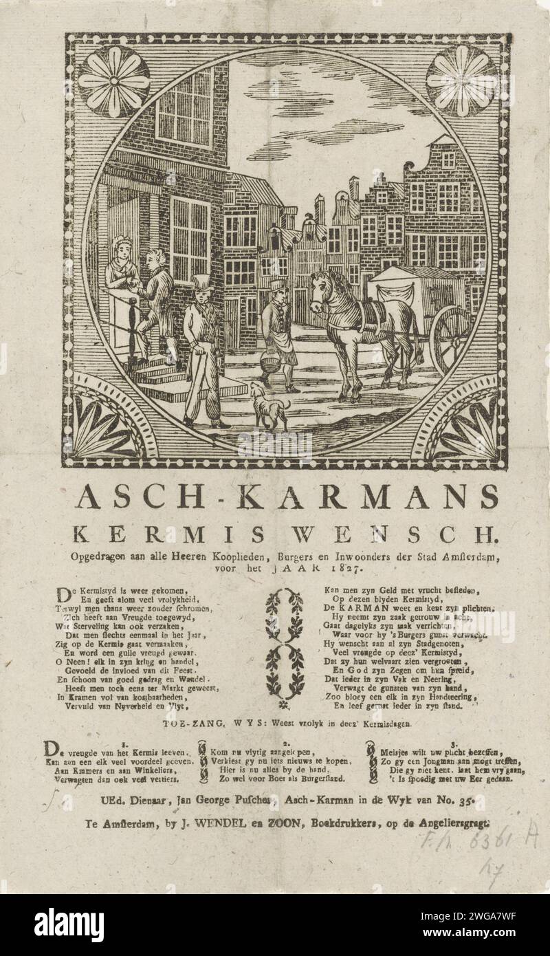 KermisStrent dell'Amsterdam Askarren MEN for the Year 1827, Anonymous, 1827 stampa KermisStrent per conto degli Askarren MEN (cartman o garbage collector) ad Amsterdam per l'anno 1827. Affrontati in una strada ad Amsterdam con un uomo che indossa un asmmer al carrello e un uomo che raccoglie soldi a casa. In fondo a una poesia in due colonne e una canzone in tre versi. A nome di Jan George Puscher, l'Askarreman van Wijk no 35. Amsterdam carta tipografica stampa strada pubblica - II - città ideale. Garbage Collection Amsterdam Foto Stock