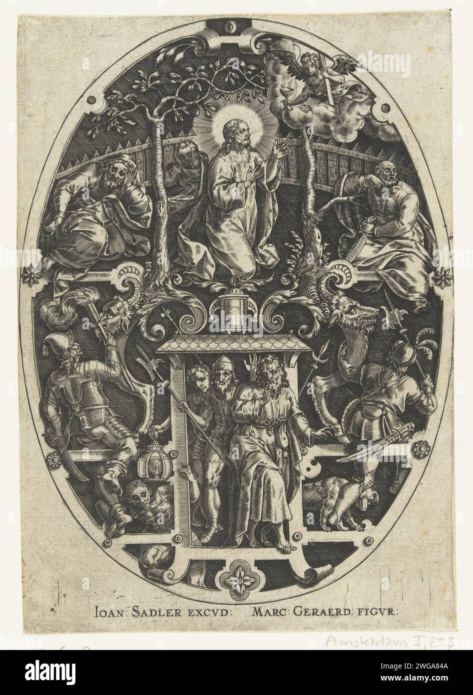 Cristo che prega nella Hof van Gethsemane, 1560 - 1600 stampa Cristo che prega e in fondo a Giuda e soldati. Sfondo ombreggiato. Dalla serie di 14 ovali con tesken in cui sono raffigurate scene della passione. Olanda (forse) carta incisione Getsemani, Monte degli Ulivi, 'Oelberg' (Matteo 26:36-56; Marco 14:32-52; Luca 22:39-53; Giovanni 18:1-12). Il bacio di Giuda: Accompagnato da soldati con torce e lanterne, bacia Cristo Foto Stock