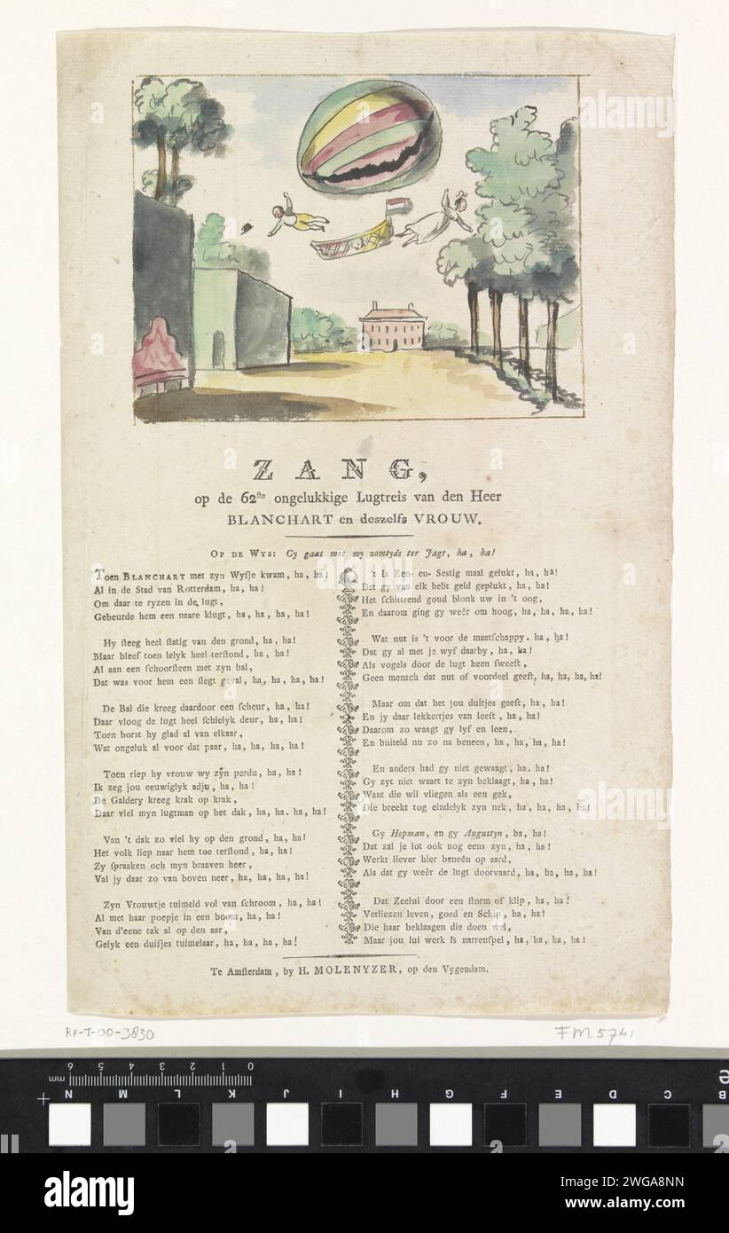 Volo in mongolfiera da Blanchard, 1807, Anonymous, 1807 drawing. Foglio di testo che decolla la mongolfiera con Jean Pierre Blanchard e sua moglie Marie Madeleine Sophie Armant dal Koekamp a l'Aia, 9 luglio 1807. Nello spettacolo entrambi cadono dalla chiatta sotto il palloncino. Sotto l'immagine una canzone spot in dodici versi a quattro righe su Blanchard e sua moglie. Disegnatore: Netherlandspublisher: Amsterdam carta penna / pennello / letterpress pallone da stampa (aviazione) Cookie lamp Foto Stock