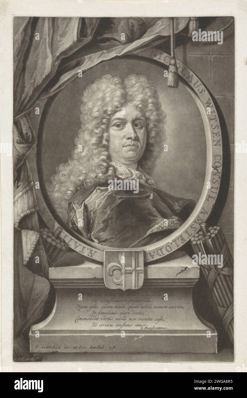 Ritratto di Nicolaes Cornelisz. Witsen, Pieter Schenk (i), 1670 - 1713 stampa De Prentmaker, cartografo e sindaco di Amsterdam, Nicolaes Cornelisz. Witsen all'età di 60 anni. Parrucca per incisione in carta Amsterdam Foto Stock