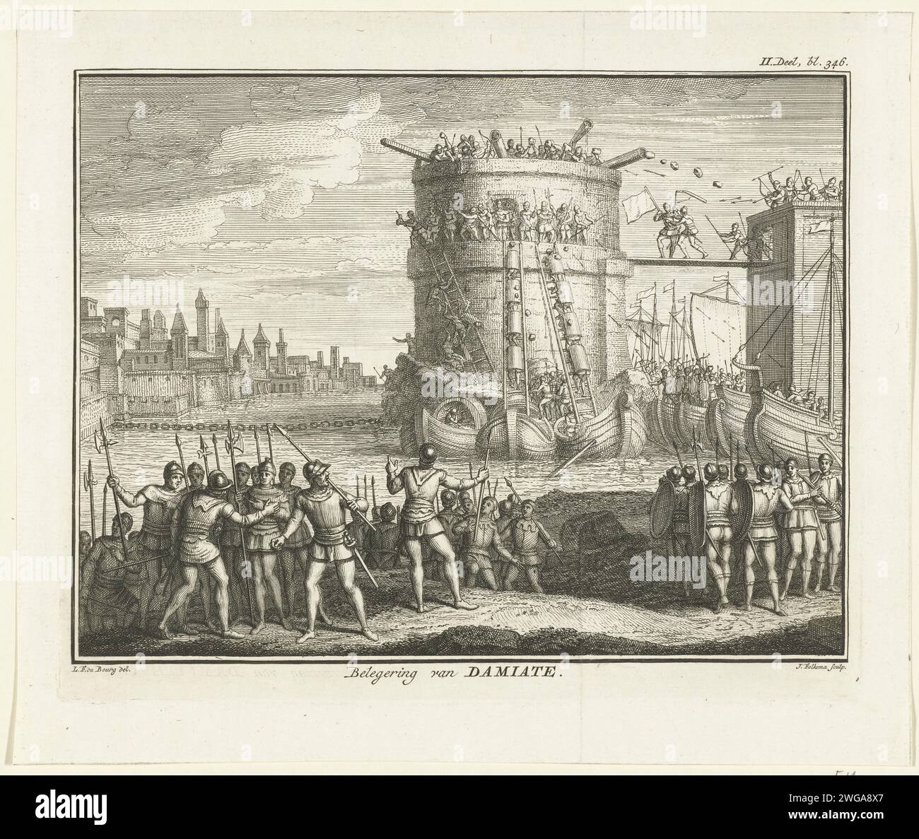 Assedio di Damiate, 1219, 1747 - 1759 stampa l'assedio della città di Damiate, 1219. La torre del porto chiusa con la catena viene attaccata dai soldati delle navi. Carta dei Paesi Bassi del Nord incisione Vittoria, posizione era HAARLEM. DAMEETE Foto Stock