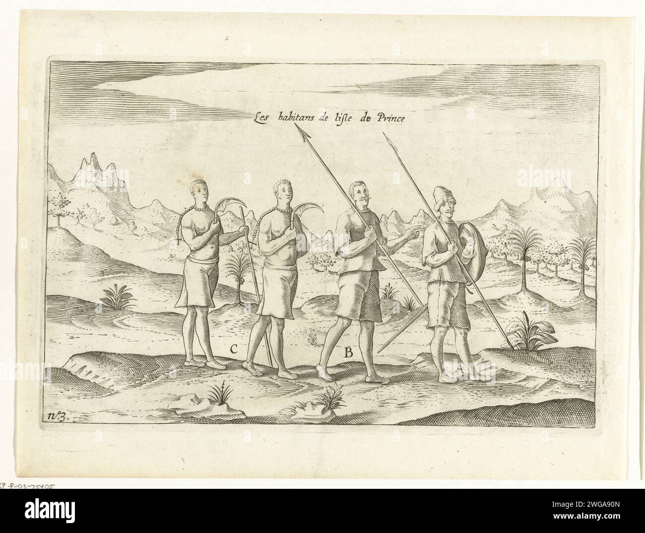 Abitanti dell'isola di principio, 1598, 1646 stampa due uomini due donne, abitanti dell'isola di principio, 1598. Parte delle illustrazioni nel rapporto del viaggio intorno al mondo di Olivier van Noort nel 1598-1601. N.3. Esplorazione dell'incisione cartacea dei Paesi Bassi del Nord, spedizione, viaggio di scoperta. Paesaggi nelle regioni tropicali e subtropicali Principe Foto Stock