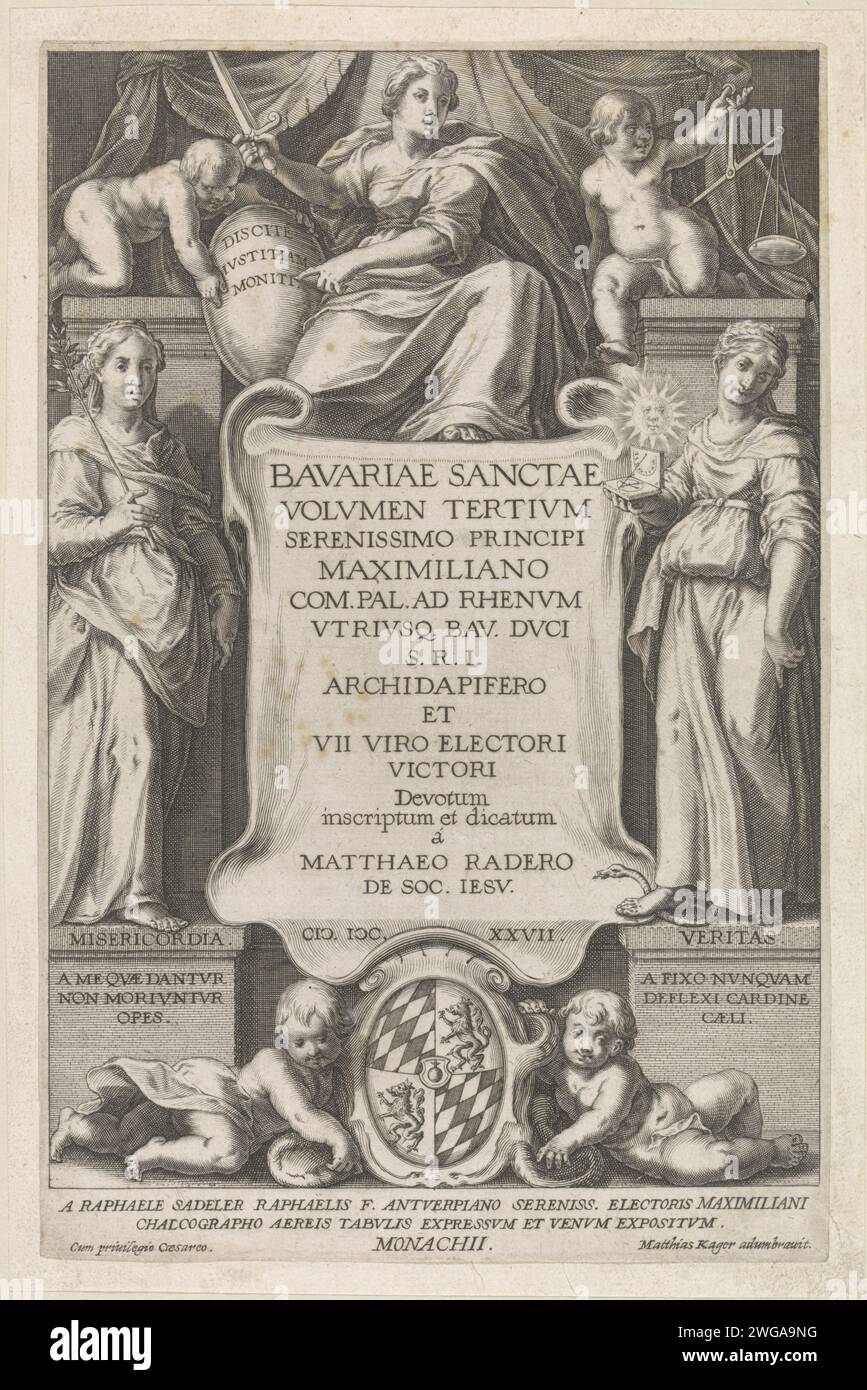 Stampa del titolo della terza serie sui santi di Baviera con le personificazioni Misericordia e verità, Raphaël Sadeler (II), dopo Johann Mathias Kager, 1627 stampa al centro della stampa il titolo della serie su una tela. La tela è affiancata dalle personificazioni della misericordia (sinistra, con un ramo d'ulivo) e della verità (destra, con una bussola e un sole). In primo piano due putti con lo stemma bavarese. Sopra il titolo la personificazione della giustizia con due putti. La prima stampa di una serie di 25 parti sul tema dei santi di Baviera. München incisione su carta Cupidi: 'Amores', 'A Foto Stock