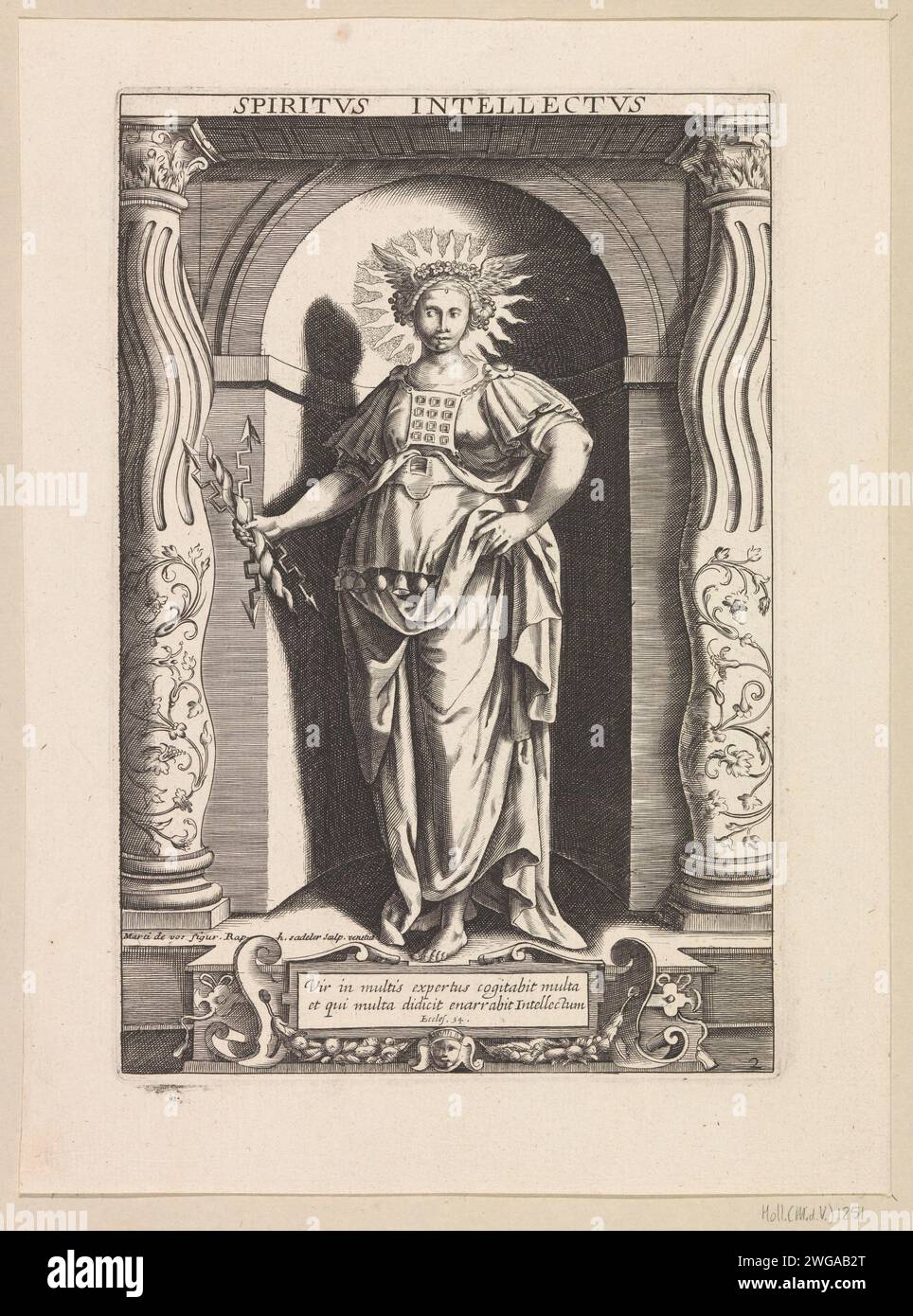 Ha dato a van Wicht, Raphaël Sadeler (i), dopo Maerten de Vos, 1598 - 1604 stampa in una nicchia la personificazione femminile del dono della mente, uno dei sette doni dello Spirito Santo. Indossa una corona alata e nella mano destra ha un fulmine. Un sole radioso intorno alla sua testa. Incisione su carta di Venezia "Intellectus", "Intelligentia", comprensione  uno dei sette doni dello Spirito Santo Foto Stock