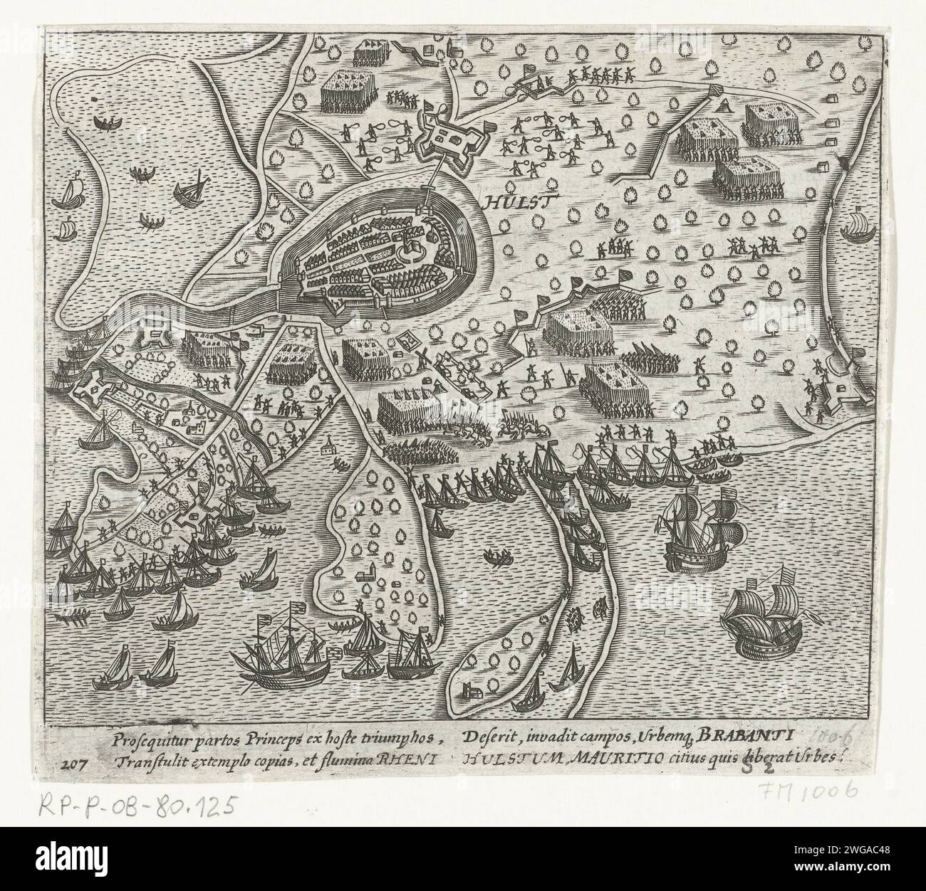 Assedio e presa di Hulst da parte di Maurits, 1591, 1613 - 1615 stampa assedio e presa di Hulst da parte dell'esercito di Stato sotto Maurits, 25 settembre 1591. Piano di Hulst e del paese circostante e dell'acqua, in fondo alla flotta vicino al porto. Con didascalia di 4 righe in latino. Numero 207. Stampato sul retro con testo in latino. Carta dei Paesi Bassi del Nord incisione Vittoria, posizione era Holly Foto Stock