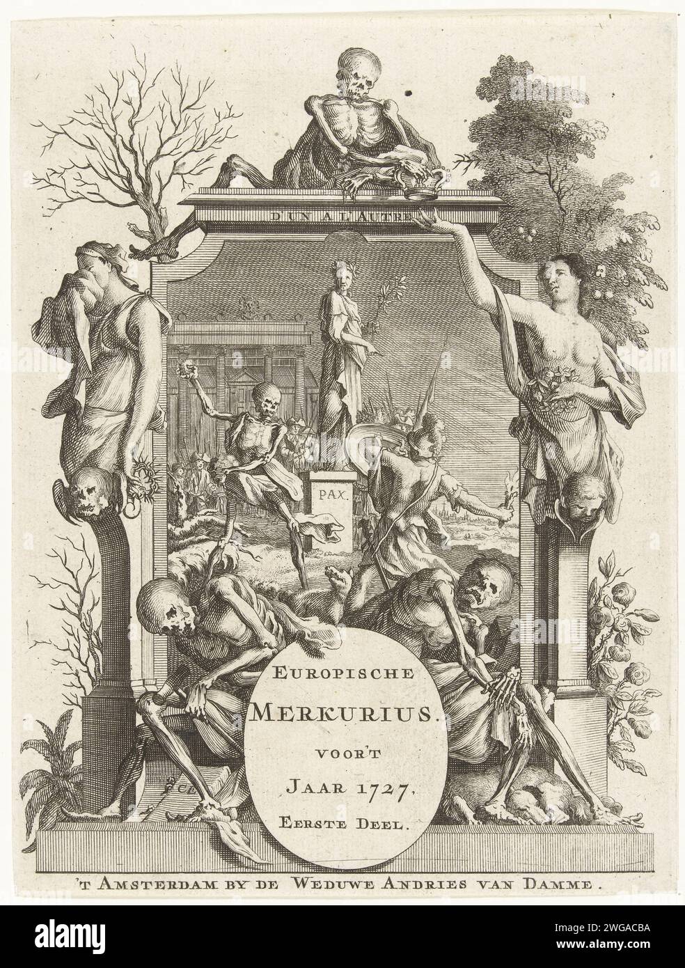 Frontespizio dell'Europische Mercury del 1727, 1727 Stampa pagina del titolo dell'Europische Mercurius, dl. XXXVIII per l'anno 1727. Combatti tra la morte e un soldato per una statua di pace, in primo piano alcuni scheletri. Tipografia: Olanda settentrionale spublisher: Simboli di incisione/incisione su carta di Amsterdam, allegorie della pace, "Pax"; "Pace" (Ripa). Morte come scheletro Foto Stock