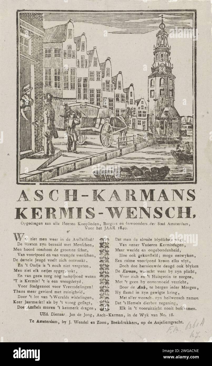 KermisStrent dell'Amsterdam Askarren MEN for the Year 1840, Anonymous, 1840 stampa KermisStrent per conto degli Askarren MEN (cartman o garbage collector) ad Amsterdam per l'anno 1840. Vista della vecchia rampa con il Montelbaanstoren ad Amsterdam con un uomo che schiaccia un asmmer nel carro mentre un altro raccoglie soldi a casa. In fondo a una poesia in due colonne. A nome di Jan de Jong, l'Askarreman van Wijk no 18) Amsterdam carta tipografica stampa strada pubblica - II - città ideale. Garbage Collection Amsterdam. Oudeschans. Montelbaanstoren Foto Stock