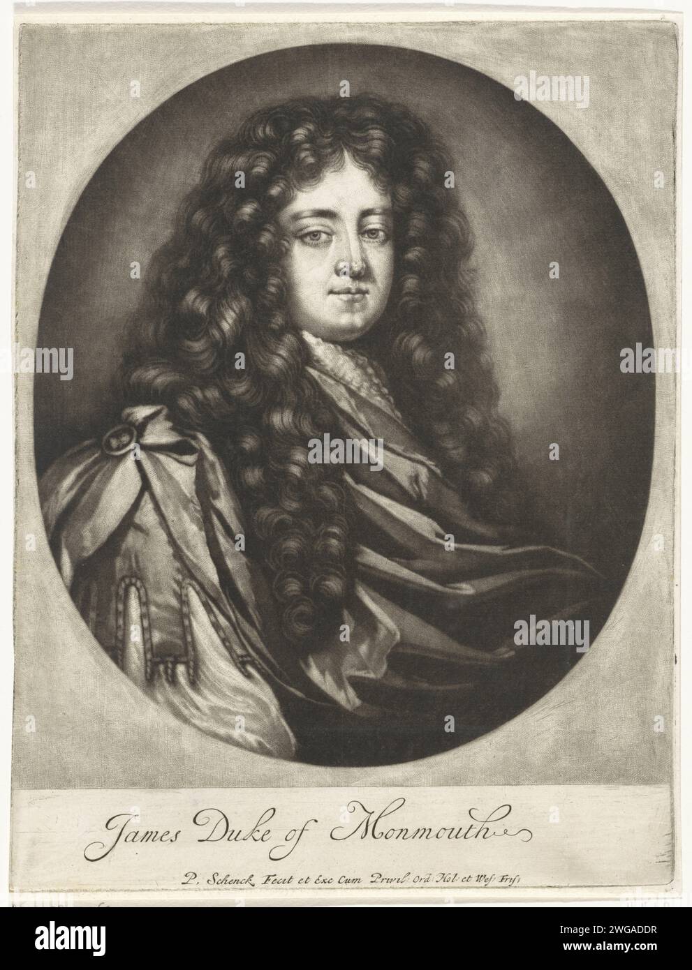 Ritratto di James Scott Hertog van Monmouth, Pieter Schenk (i), 1670 - 1713 stampa Amsterdam carta incisione parrucca Foto Stock